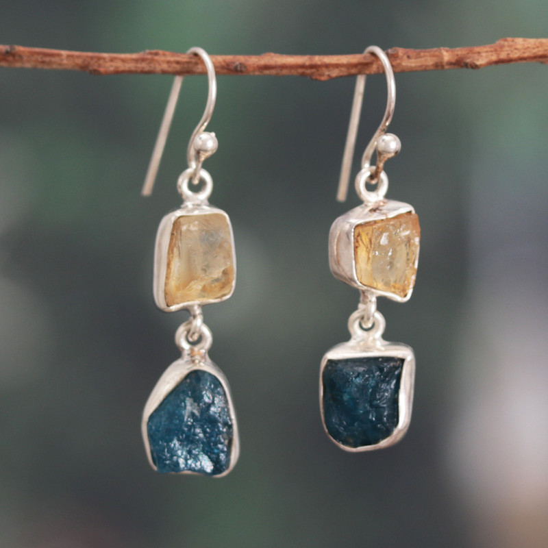 Polished Freeform Citrine and Apatite Dangle Earrings, "Joy of the Intellectual"