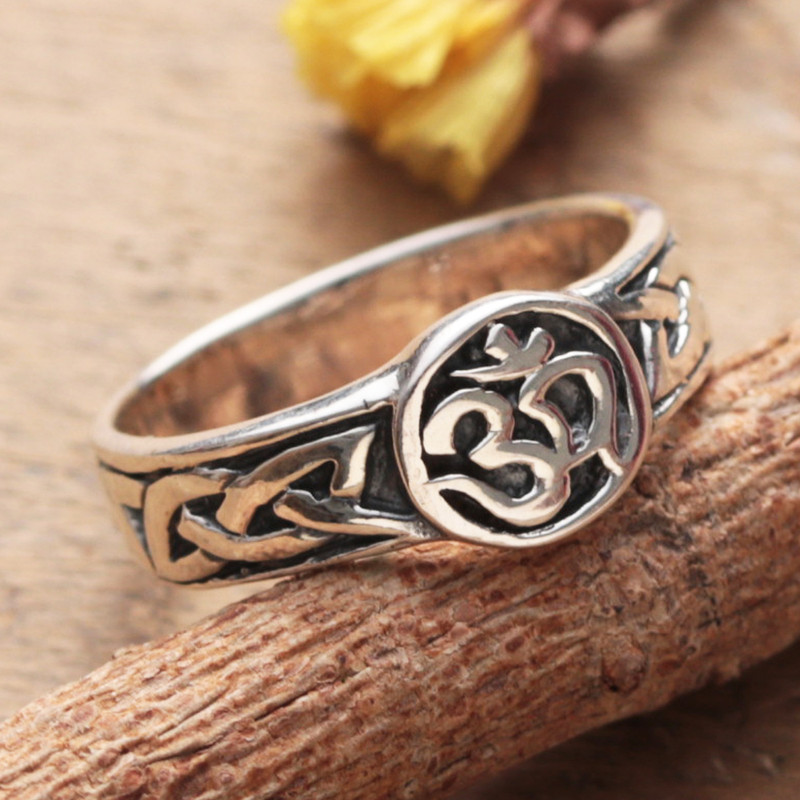Mantra Syllable Om Symbol-Themed Sterling Silver Signet Ring, "OM Serenity"