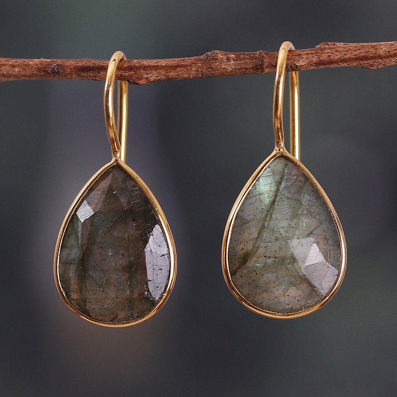 18k Gold-Plated 11-Carat Natural Labradorite Drop Earrings, "Evening Dame"