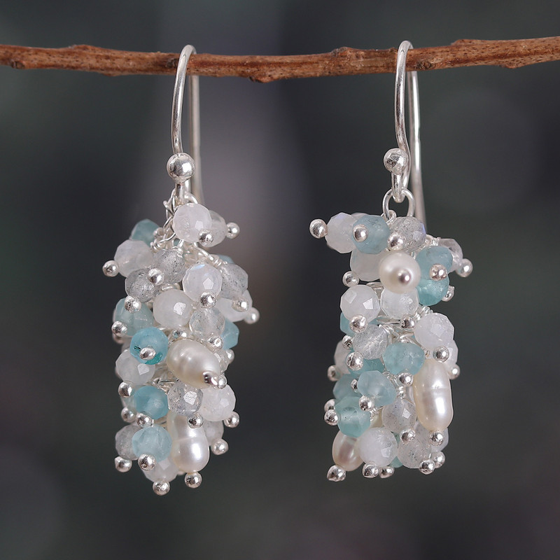 High-Polished Multi-Gemstone Cluster Earrings from India, "Fruits from the Celestial"
