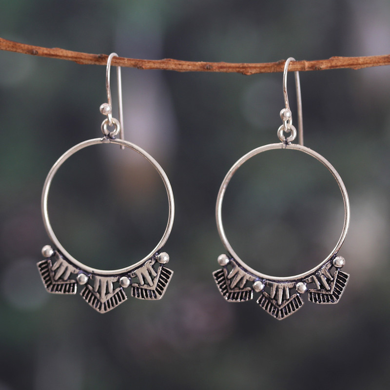 Polished and Oxidized Sterling Silver Dangle Earrings, "Magical Pyramids"
