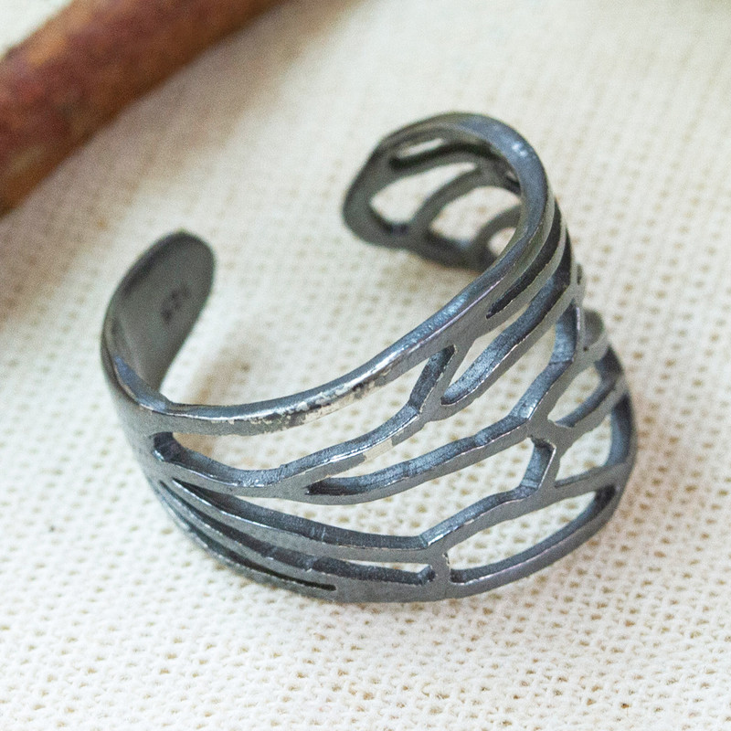 Oxidized Wing-Shaped Sterling Silver Wrap Ring, "Refined Flutter"