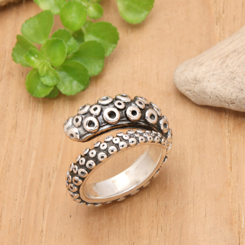 Oxidized Tentacle-Themed Sterling Silver Band Ring from Bali, "Octopus Fragment"