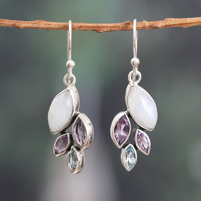 Leafy One-Carat Multi-Gemstone Dangle Earrings, "Realm of Harmony"