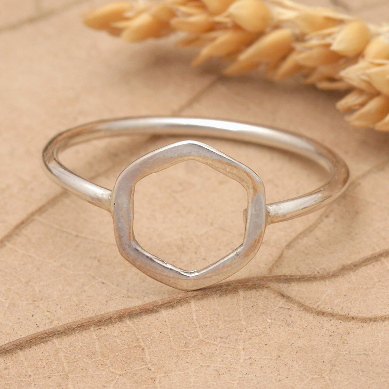 Modern Hexagon Geometric Sterling Silver Band Ring from Bali, "Hexagon Glam"