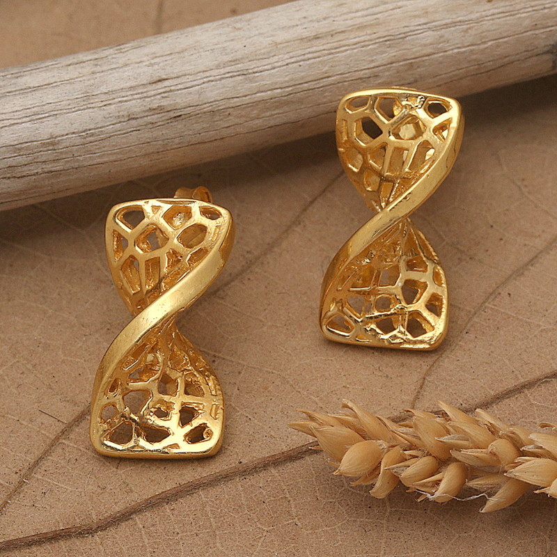 Polished Modern 18k Gold-Plated Button Earrings from Bali, "Unique Net"