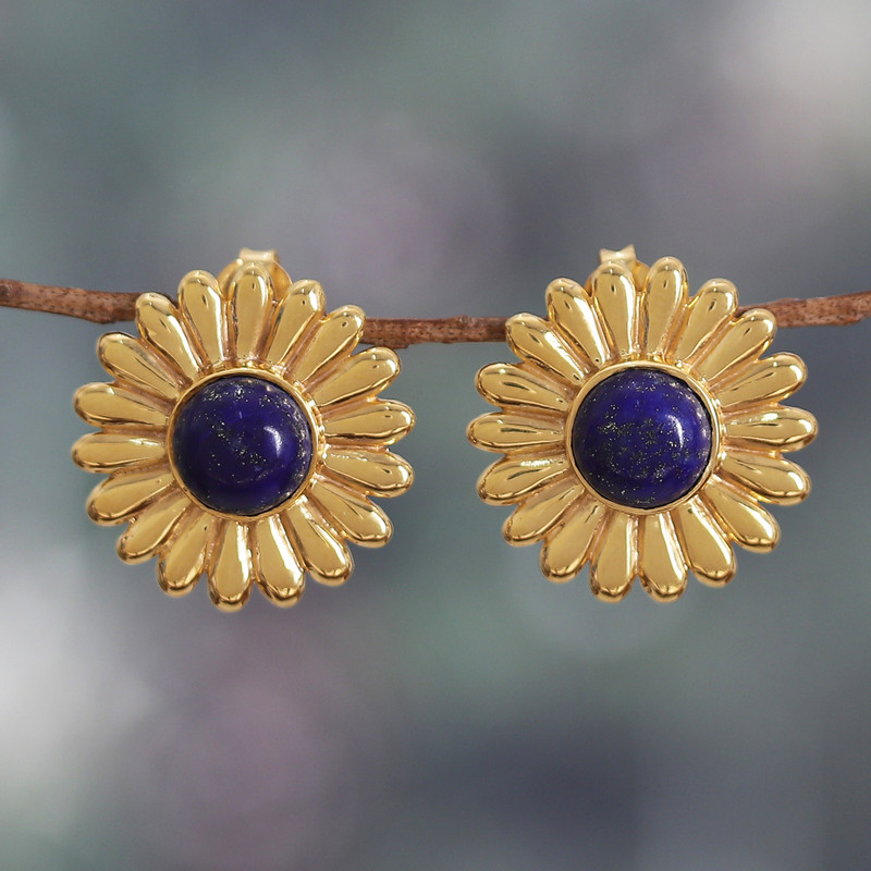 Sunflower-Themed Brass and Lapis Lazuli Button Earrings, "Royal Blossom"