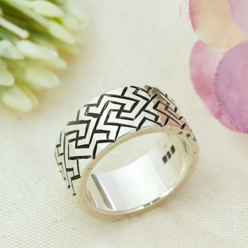 Maze-Themed Modern Geometric Taxco Silver Band Ring, "Stylish Shapes"