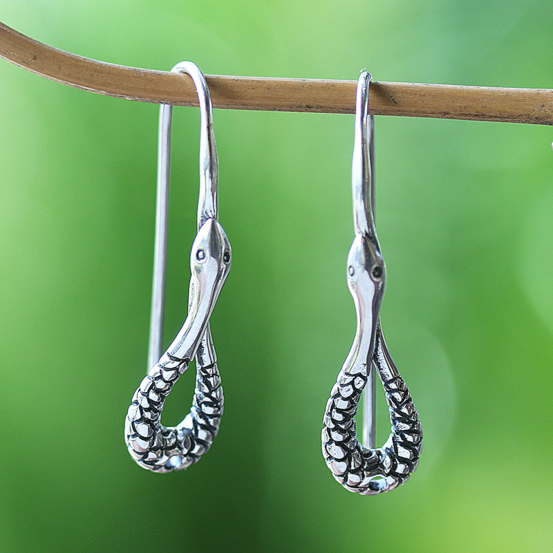 Polished and Oxidized Sterling Silver Snake Drop Earrings, "Viper Caresses"