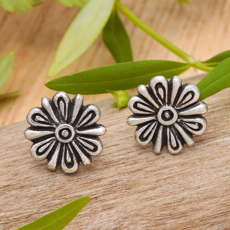 Polished and Oxidized Floral Sterling Silver Dangle Earrings, "Blooming Child"