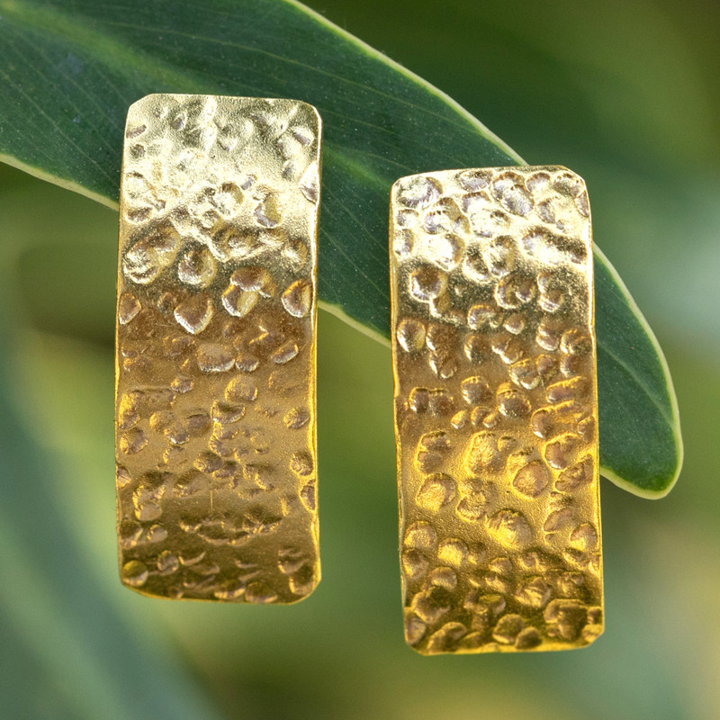 Modern 18k Gold-Plated Drop Earrings with Hammered Finish, "Sublime Textures"