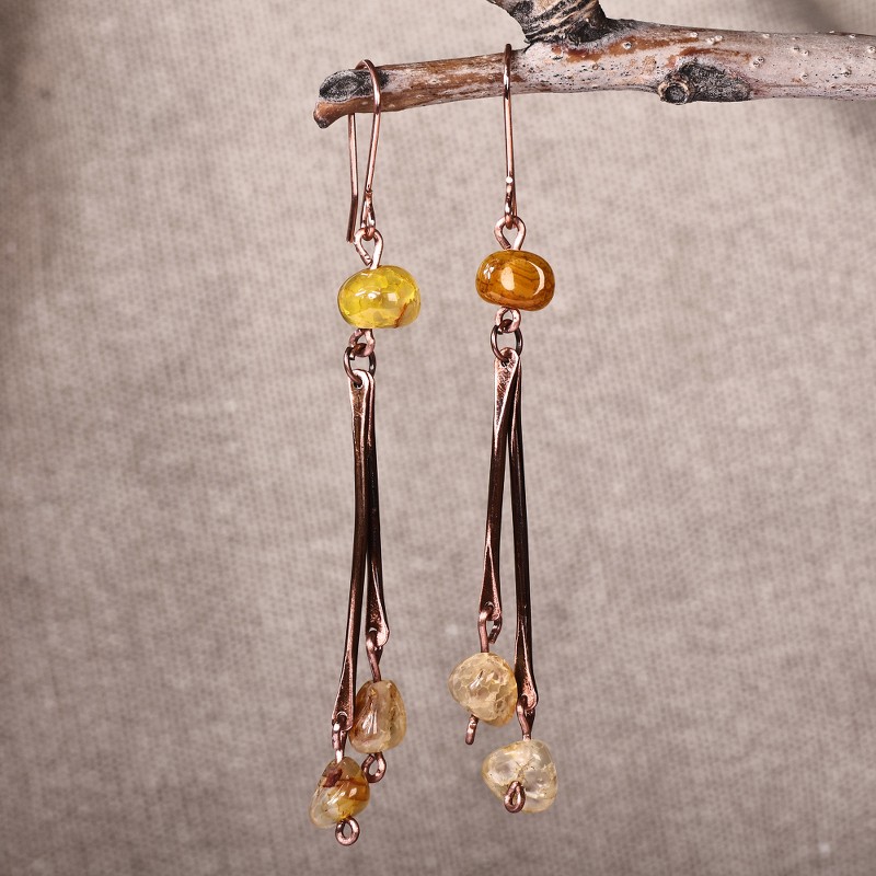 Antique-Finished Copper and Natural Agate Waterfall Earrings, "Dancing Sunshine"