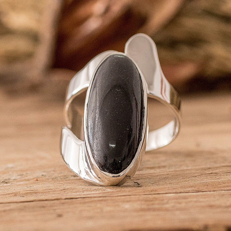 Modern Guatemalan Black Jade Sterling Silver Cocktail Ring, "Black Lake"