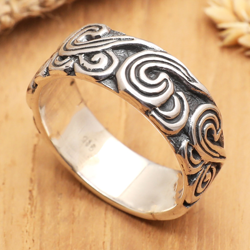 Sterling Silver Band Ring with Swirl Motif Crafted in Bali, "Enchanting Swirls"