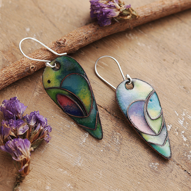 Vitreous Enamel on Copper Peacock Feather Dangle Earrings, "Peacock Feather Glory"