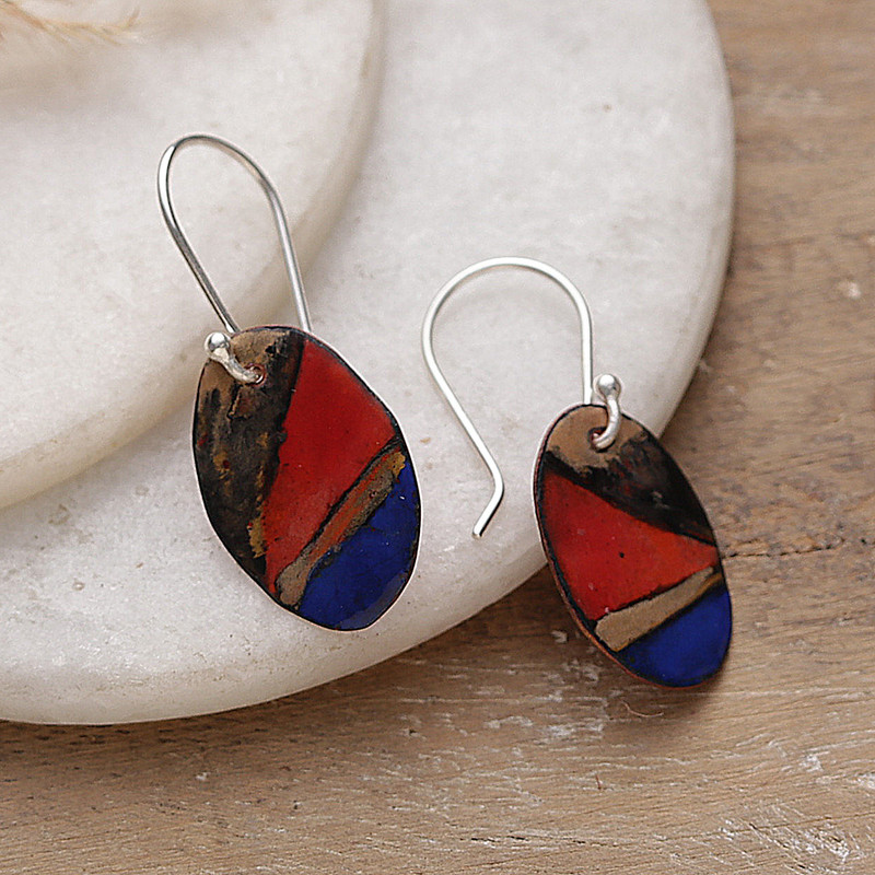 Vitreous Enamel on Copper Earrings with Abstract Design, "Modern Appeal"