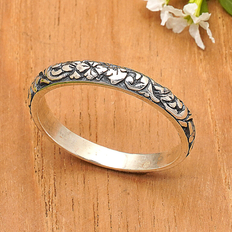 Polished and Oxidized Spring-Themed Sterling Silver Ring, "Climbing Petals"