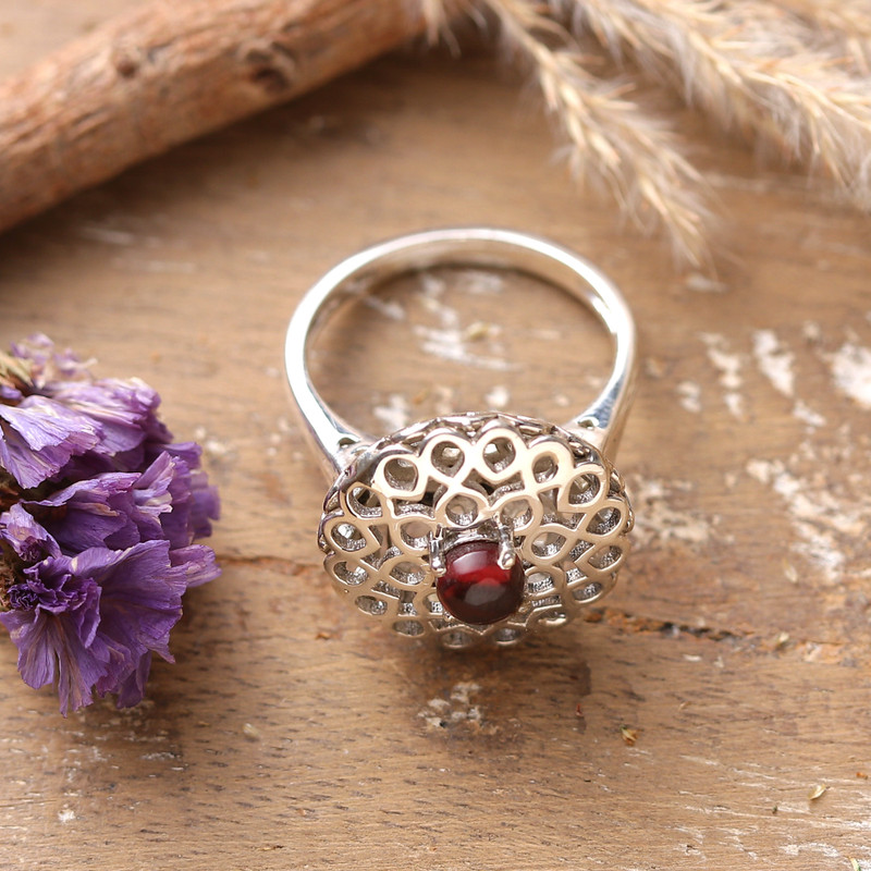 Jali-Themed Natural Garnet Cabochon Cocktail Ring from India, "Scarlet Puissance"