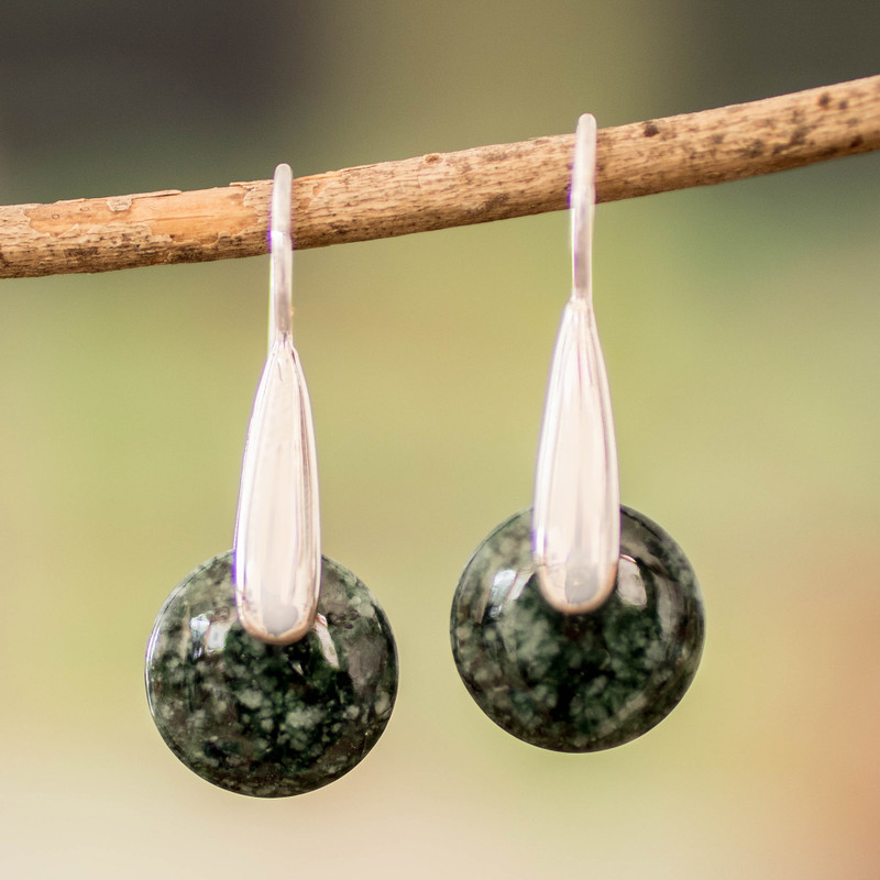 Modern Green Jade Silver Drop Earrings with Circle Motif, "Green Circle of Love"
