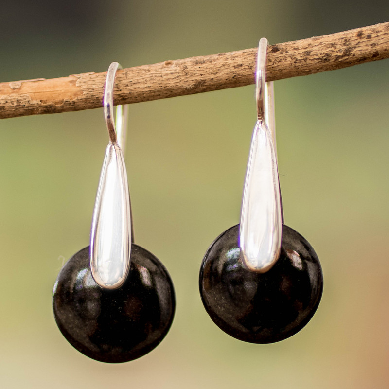 Minimalist Silver Drop Earrings with Black Jade Stones, "Black Circle of Love"