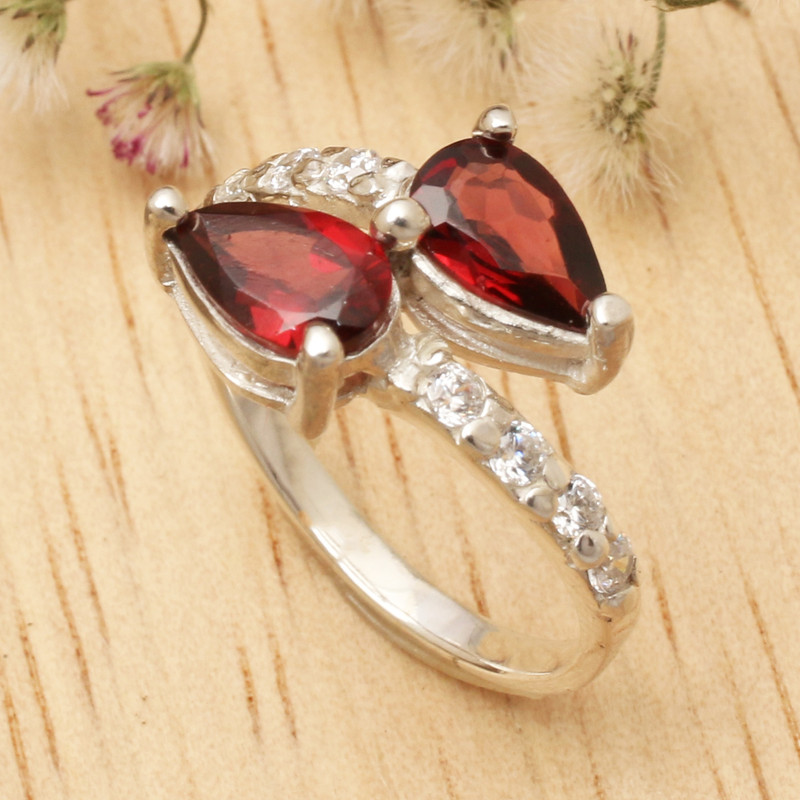 High-Polished Six-Carat Natural Pear Garnet Cocktail Ring, "Passionate Core"