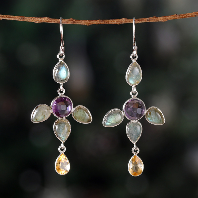 8-Carat Multi-Gemstone Sterling Silver Dangle Earrings, "Celestial Drops"