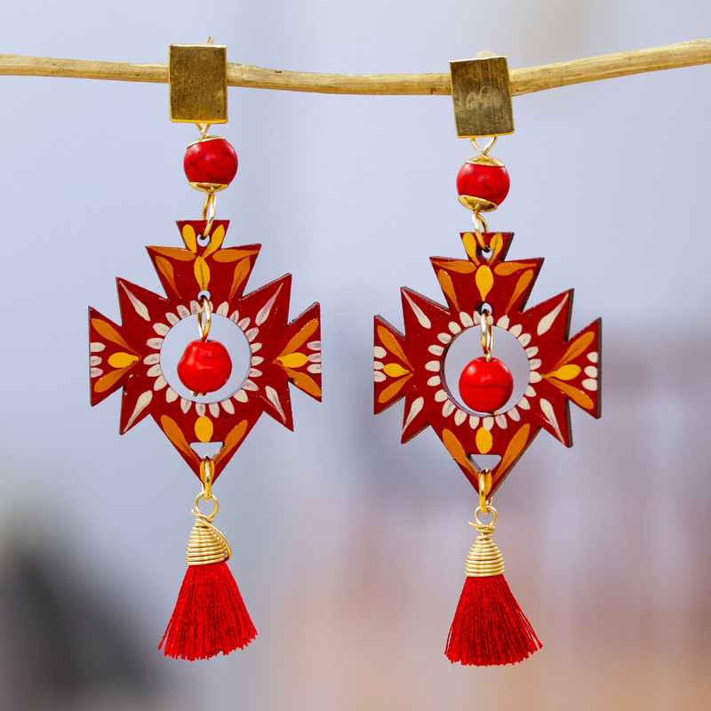 Maya-Inspired Red Agate Dangle Earrings with Gold Accents, "Crimson Empress"