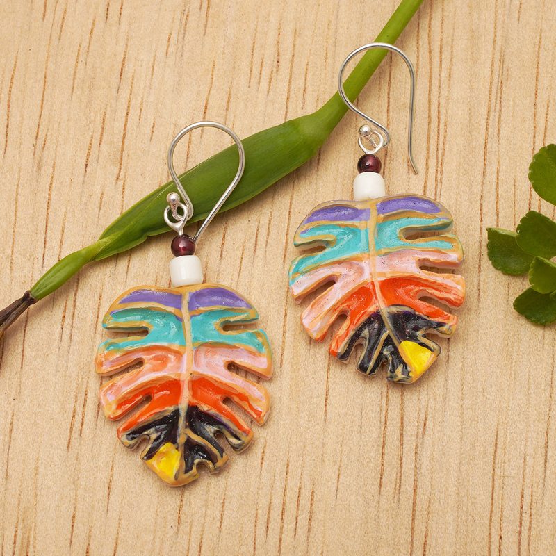 Painted Carved Monstera Leaf Garnet Silver Dangle Earrings, "Colorful Monstera"