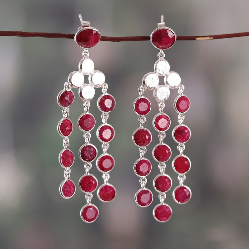 16-Carat Faceted Ruby and Sterling Silver Waterfall Earrings, "Capricious Cascades"