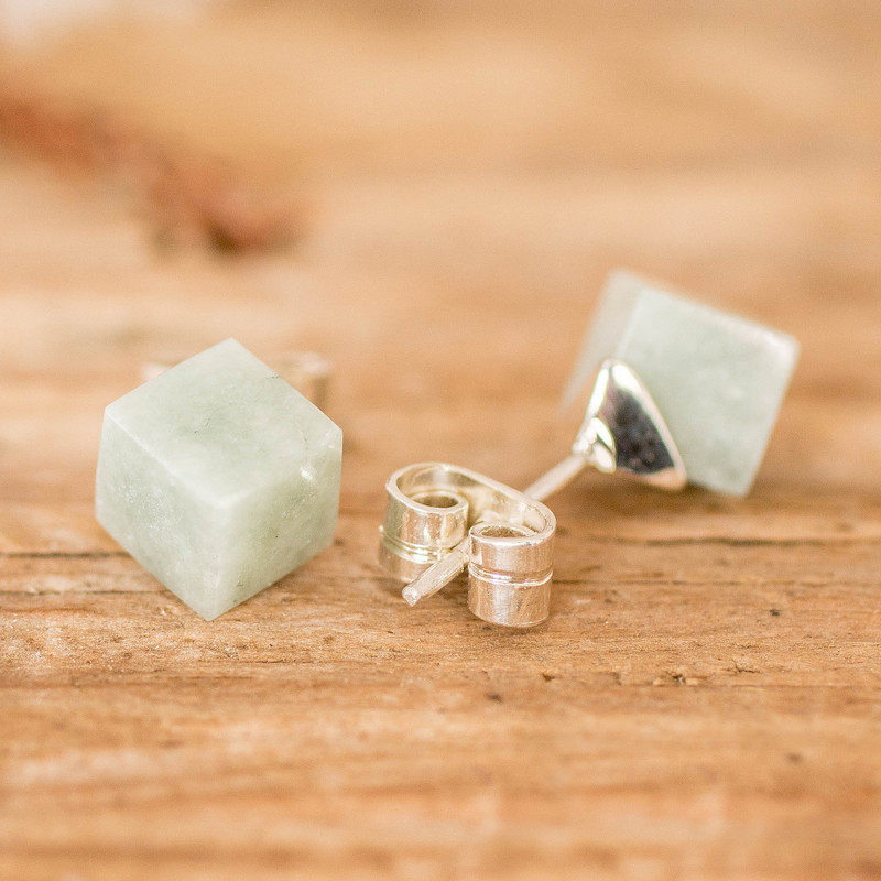 Minimalist Apple Green Jade Silver Cube Button Earrings, "Green Cube"