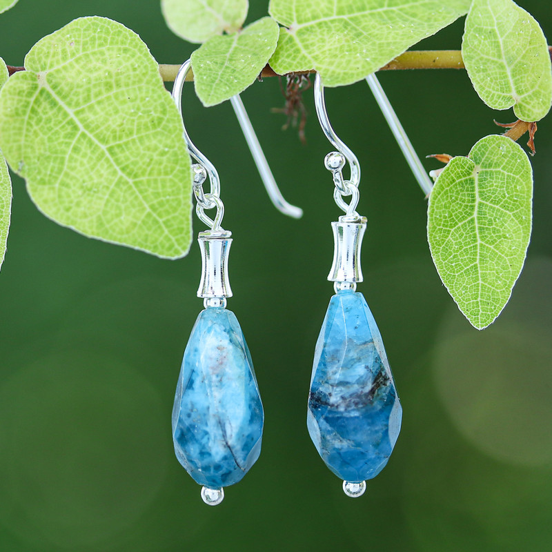 Sterling Silver Dangle Earrings with Faceted Apatite Stones, "Teal Dew Drop"