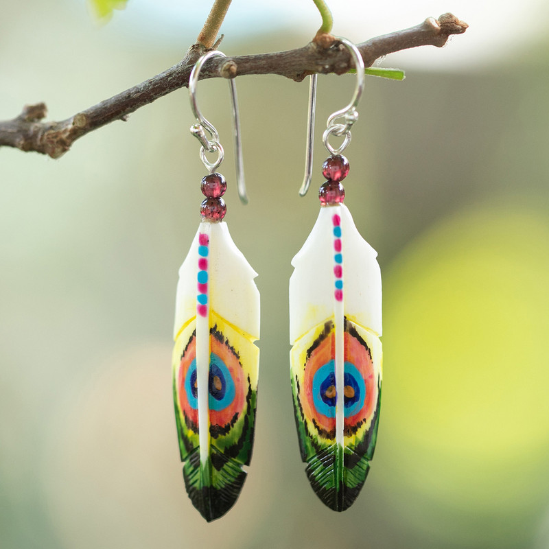 Peacock-Inspired Hand-Painted Garnet Bead Dangle Earrings, "Peacock Prestige"