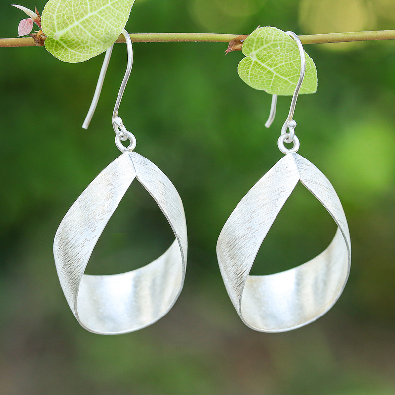 Minimalist Matte-Finished Sterling Silver Dangle Earrings, "Noble Embrace"