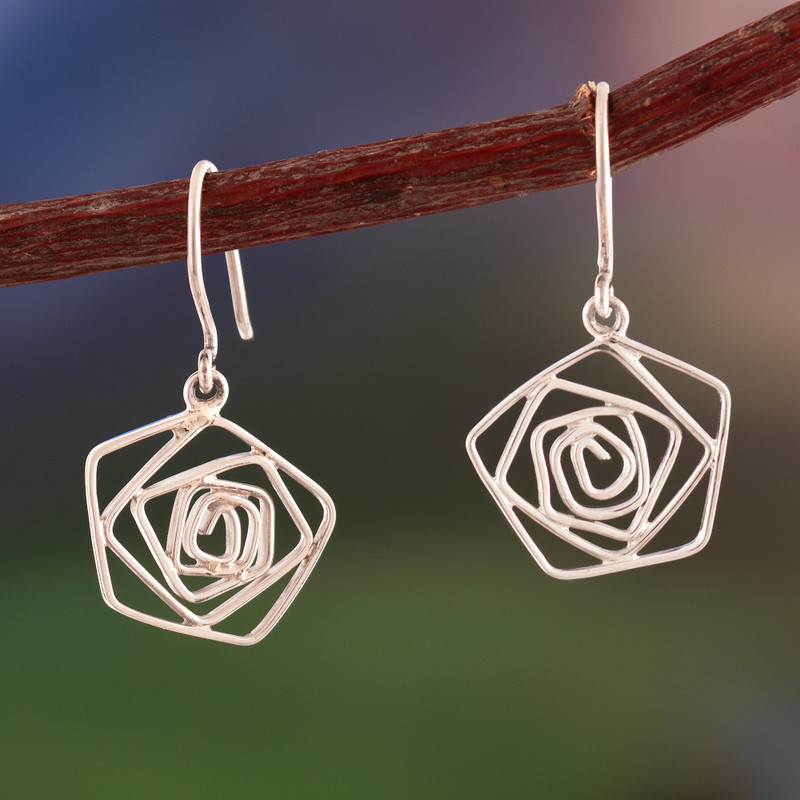 Modern Abstract Rose-Themed Sterling Silver Dangle Earrings, "Abstract Rose"