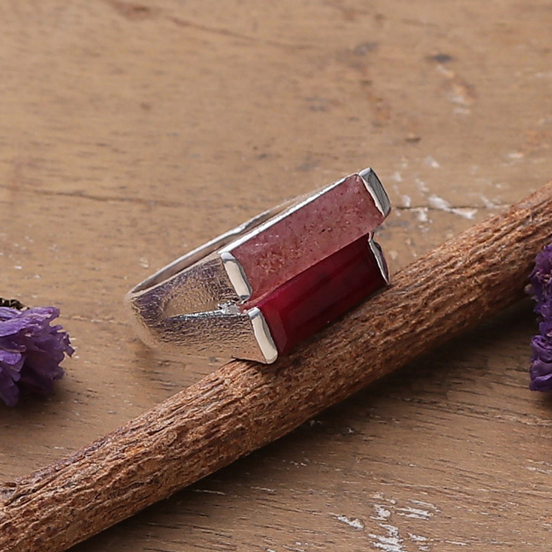 Minimalist-Inspired 1-Carat Ruby and Quartz Cocktail Ring, "Pink Dimensions"