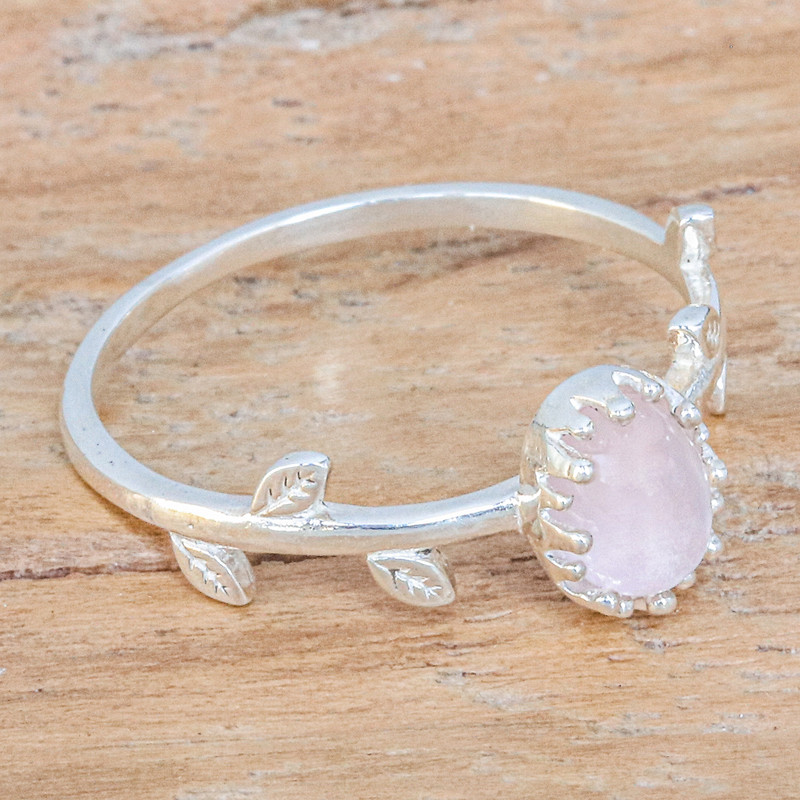 Polished Leafy Sterling Silver Rose Quartz Solitaire Ring, "Tender Forest"