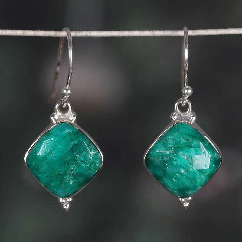 Polished Dangle Earrings with 33-Carat Faceted Green Agate, "Thriving Kiss"