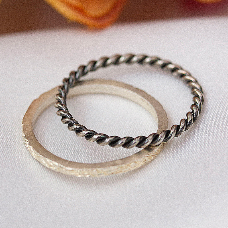 Matte and Oxidized 2-Piece Sterling Silver Stacking Ring Set, "Enigmatic Twists"
