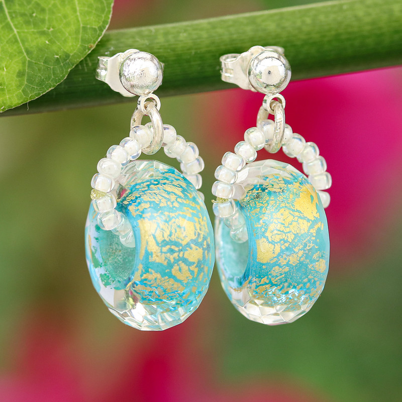Modern Abstract Handblown Glass Beaded Dangle Earrings, "Luxurious Sky"