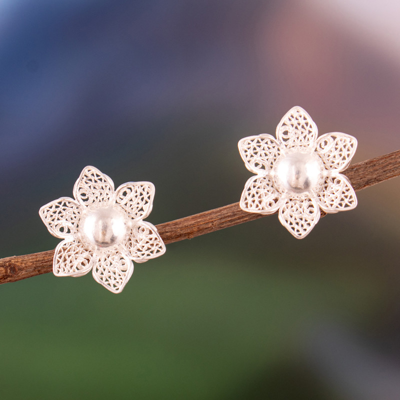 Sunflower-Shaped Sterling Silver Filigree Button Earrings, "Eternal Sunflower"