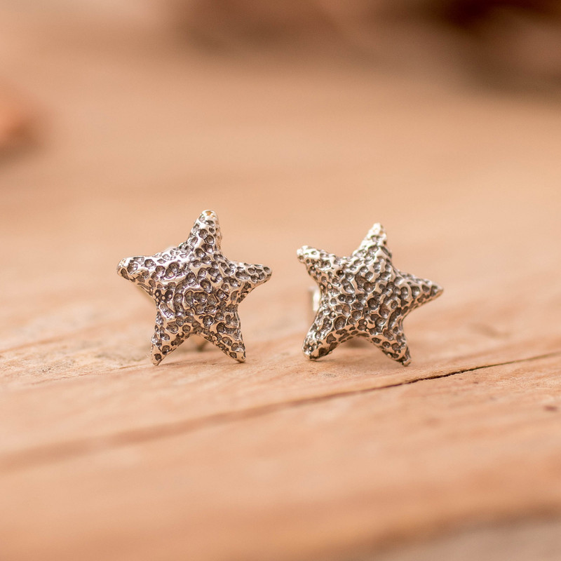 Starfish-Inspired Textured Sterling Silver Stud Earrings, "Ocean Stardom"