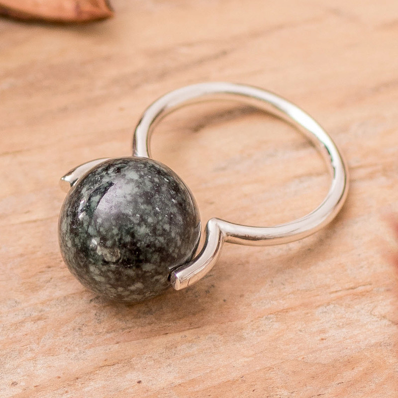 Minimalist Dark Green Jade Silver Ball Cocktail Ring, "Contemporary Orb"