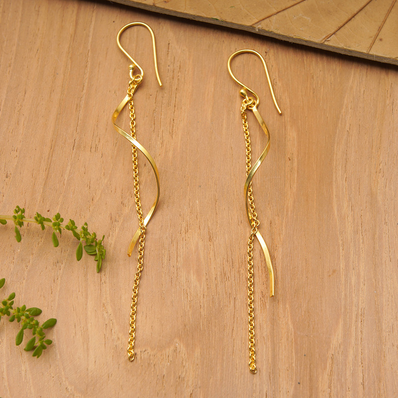 Modern 18k Gold-Plated Statement Dangle Earrings from Bali, "Radiant Water Flow"