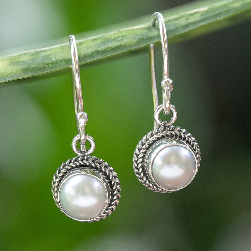 White Pearl with Rose Overtone and Silver Dangle Earrings, "Luminous Aura"