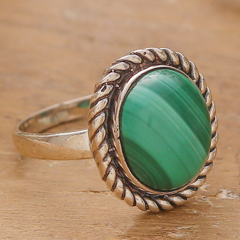 Malachite Sterling Silver Single Stone Statement Ring, "Verdant Classic"