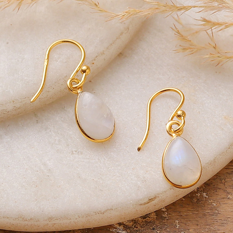 Polished 22k Gold-Plated Rainbow Moonstone Dangle Earrings, "Mesmerizing Minimalism"