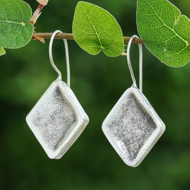Rhombus-Shaped Modern Silver Drop Earrings from Thailand, "Geometric Rhombus Charm"