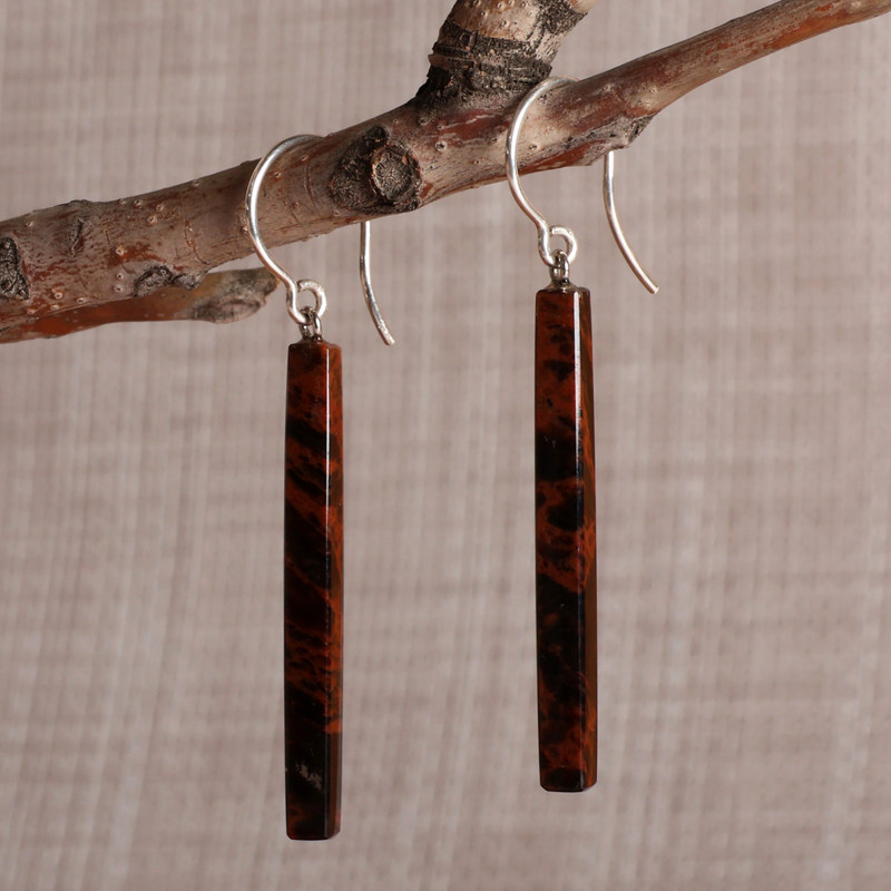 Minimalist Dark Brown Obsidian Dangle Earrings with Hooks, "Pillar of Courage"