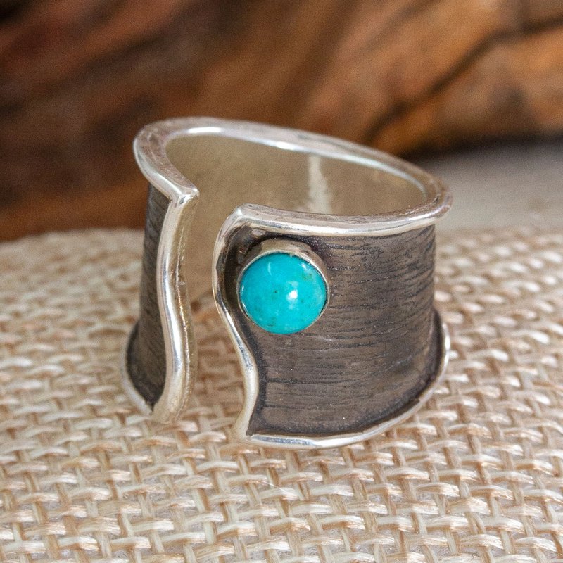 Modern Darkened Silver Wrap Cocktail Ring with Turquoise Gem, "Contemporary Touch"