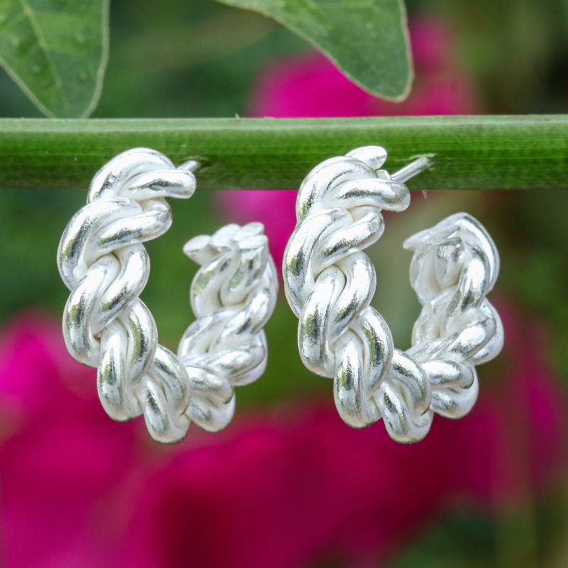 Matte-Finished Braided Twisted Silver Half-Hoop Earrings, "Twisted Radiance"